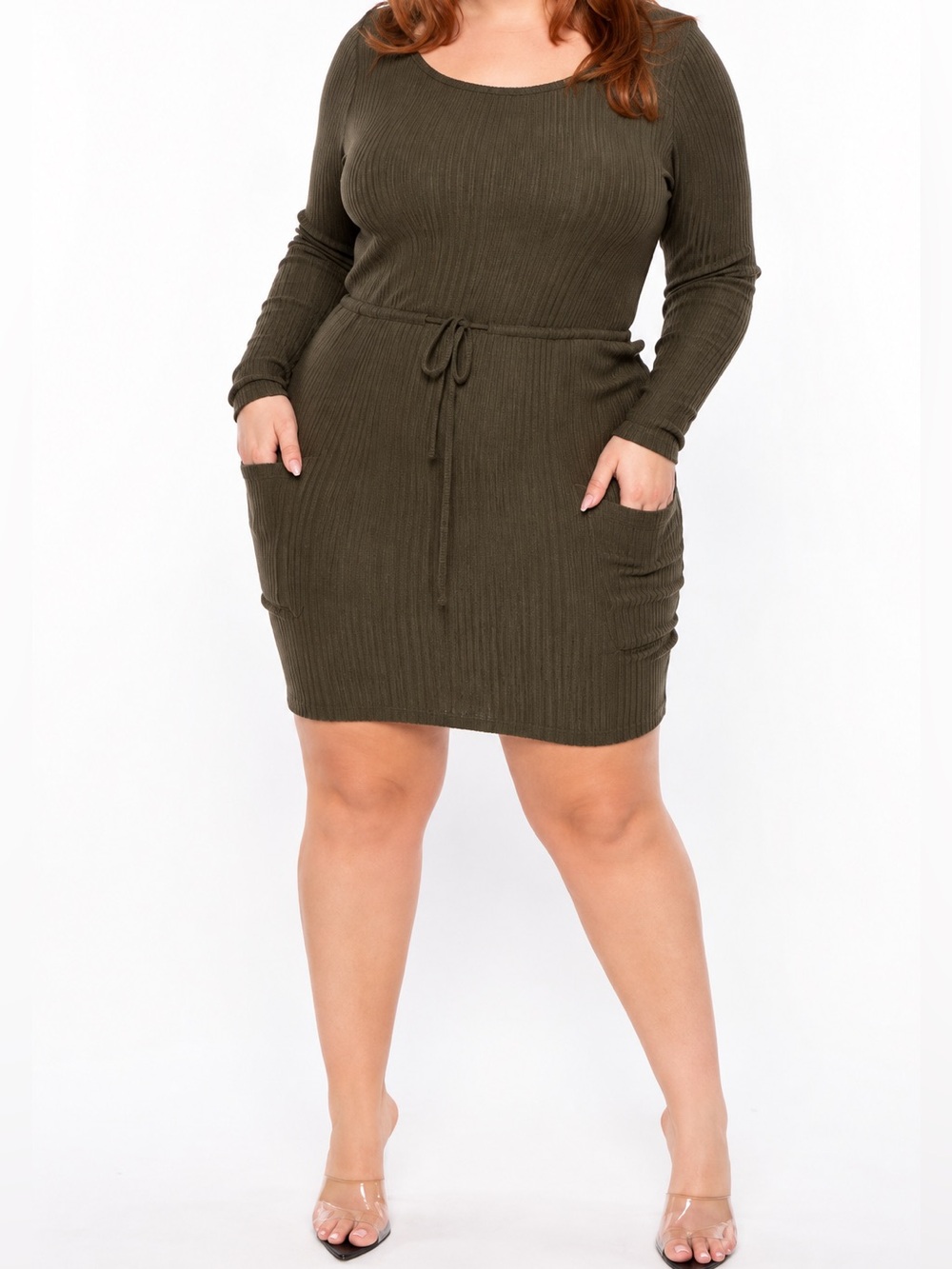 🟤NWT CURVY SENSE Ribbed Mini Dress w/Drawstring and Pockets in Dark Olive